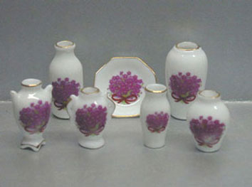 Dollhouse Miniature 7 Pc Vases/Plate-Mauve Flowers